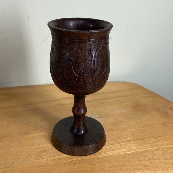 Vintage 6" African Hand-Carved Rhino And Elephant Wood Wine Drinking Cup Goblet - Picture 4 of 15